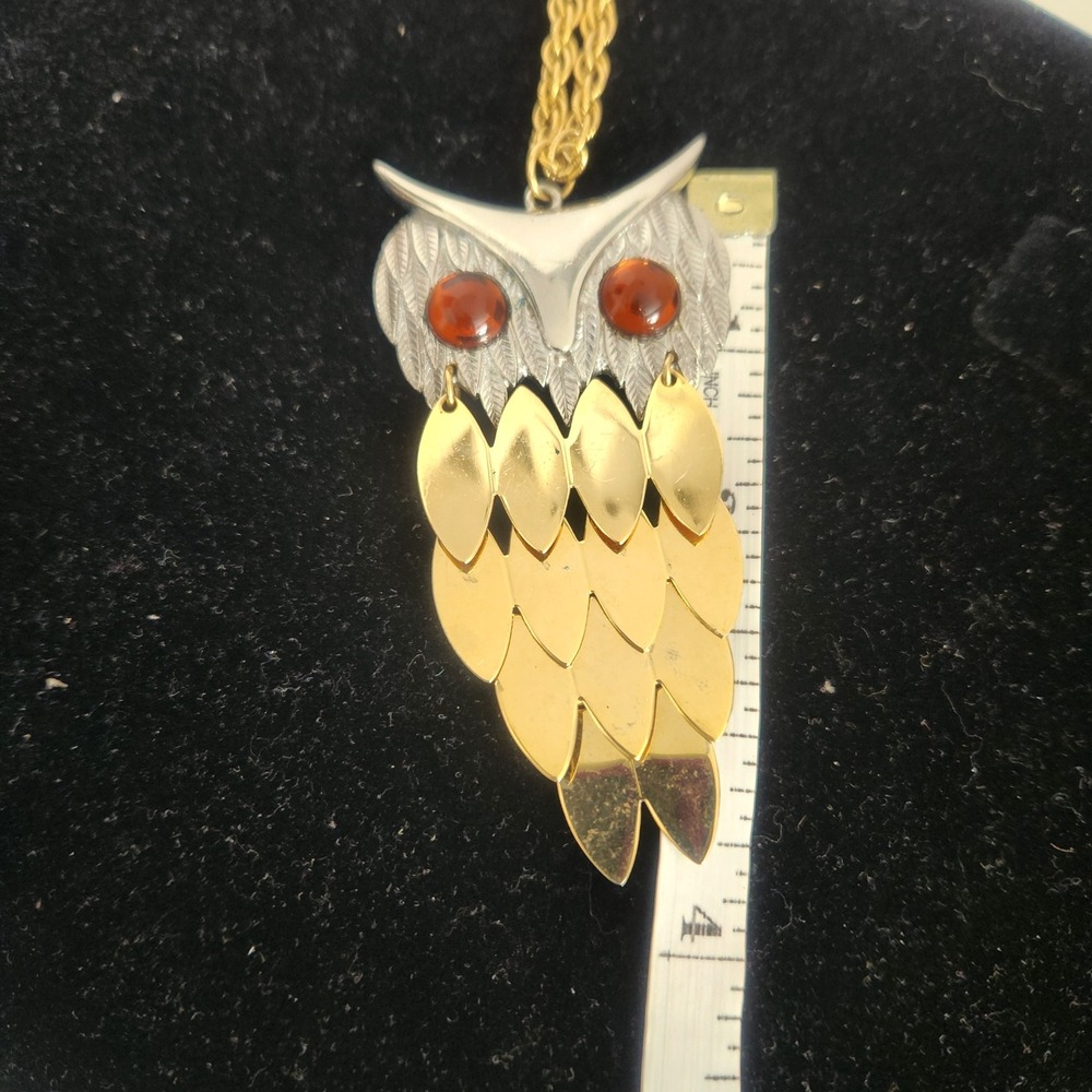 Vintage Articulated Owl Pendant Necklace Gold Silver Tone Amber Eyes Boho large - Picture 8 of 13